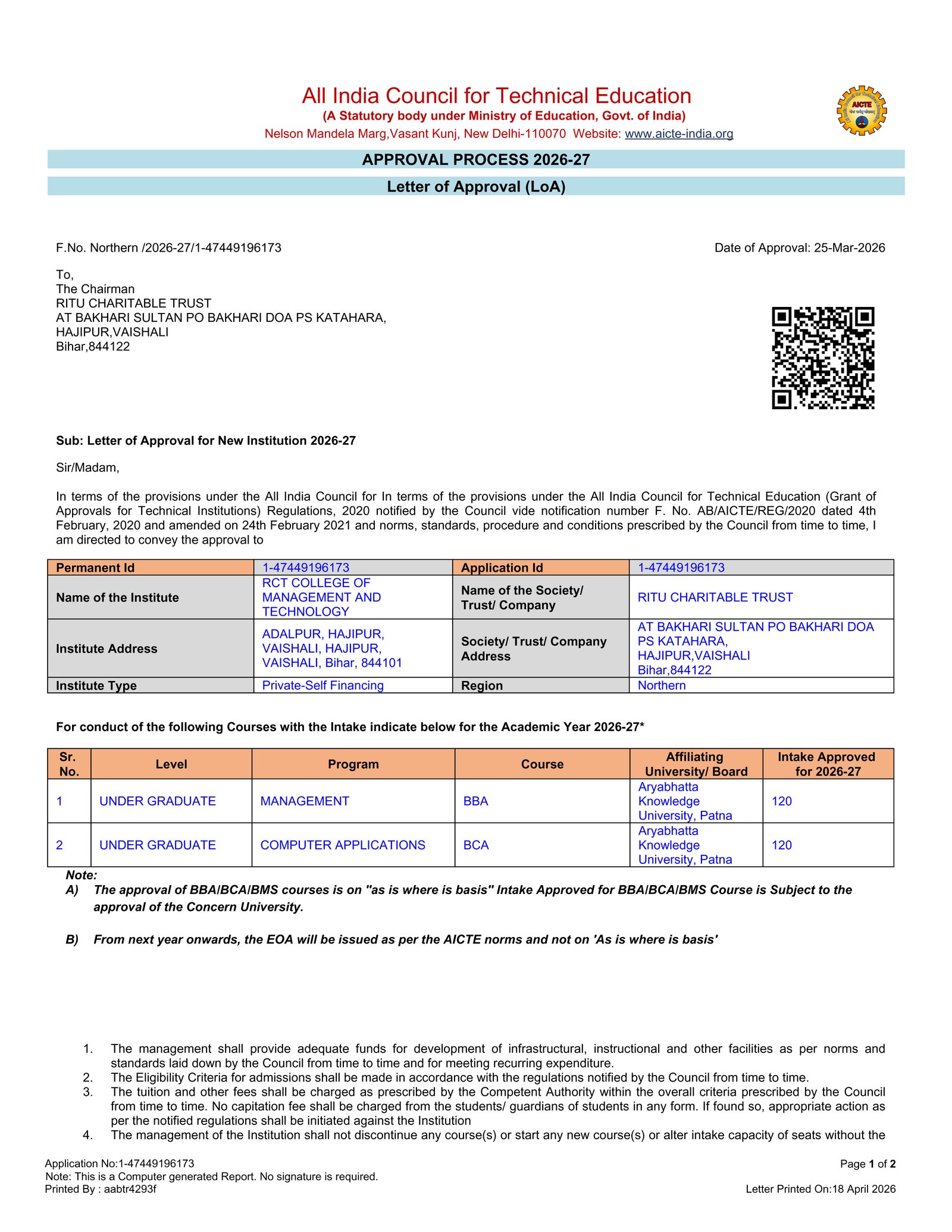 AICTE Approval Certificate