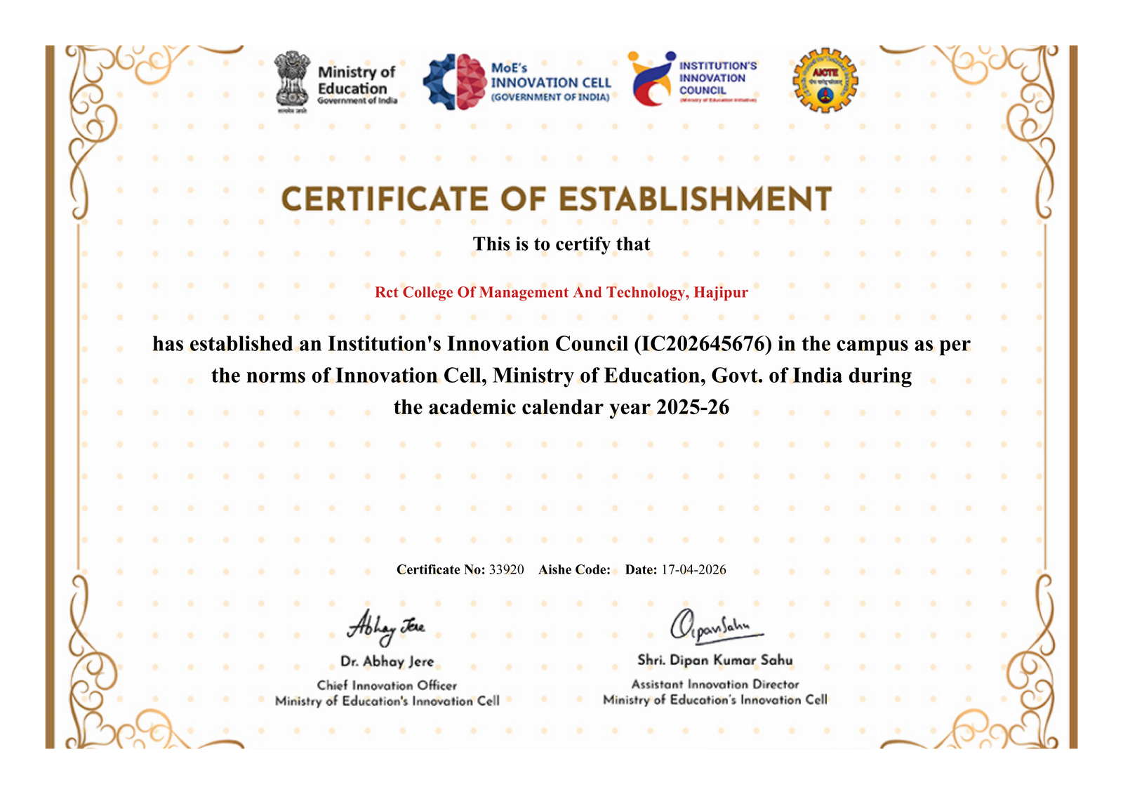 Certificate of Establishment